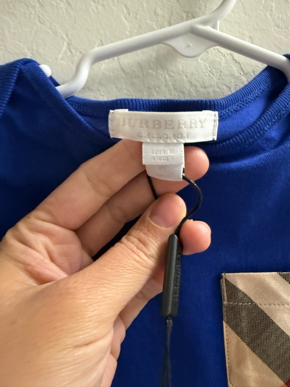 Burberry Royal Blue Short-Sleeve Tee with Plaid Pocket - Picture 2 of 4